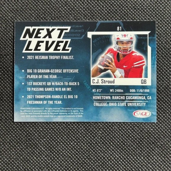 2023 Sage Football Next Level  #81 C.J. Stroud RC Rookie Buckeyes Texans - Picture 2 of 2